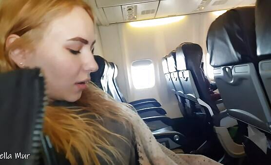 She couldn't wait anymore! Jerking and swallowing dick in a public plane