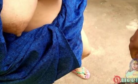 Maid In Blue Saree blow Owner penis In Backyad Outdoor He cum On Her giant breasts