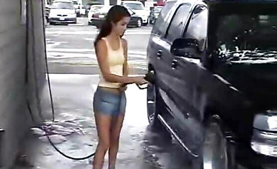 Chloe 18 has fun washing her car nude in public